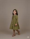 Kız Çocuk Doğal Pamuk Keten Elbise - Bebek Yaka Fırfırlı 4 Mevsimlik Elbise ve Saçban Seti (3-9 Yaş)