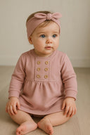 Bebek Önden Düğmeli ve Pileli Elbise-Saç Bandı 2 Parça Takım