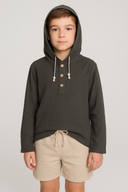 Genç Kız ve Erkek Müslin Kapüşonlu Sweatshirt | Uzun Kollu, Düğmeli