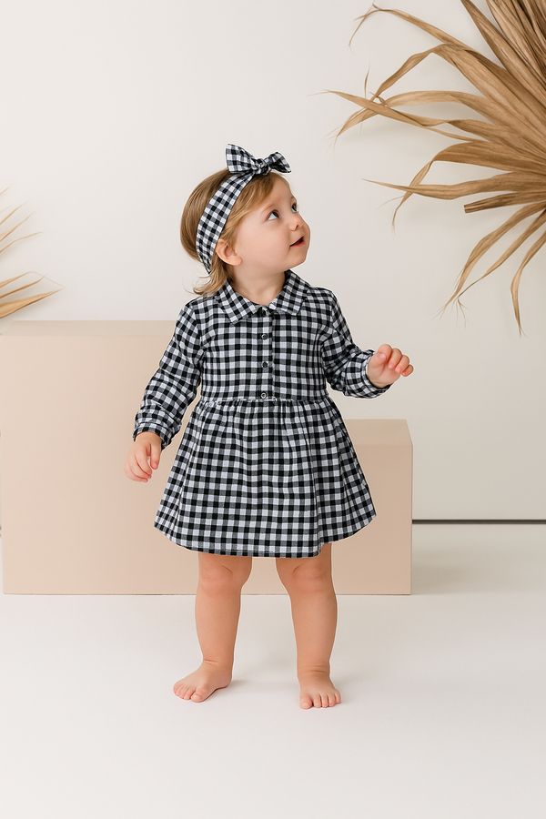 Baby Half Button Front Plaid Patterned Dress and Headband