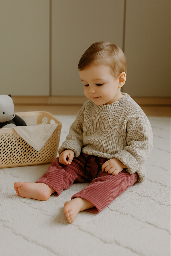 Bebek kadife pantolon; 6 ay–4 yaş için yumuşak fitilli kadife dokusuyla sıcak ve konforlu bir kullanım sunar. Rahat kesimi sayesinde günlük giyimde özgür hareket imkânı sağlar.