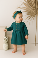 Bebek Önden Düğmeli ve Pileli Elbise-Saç Bandı 2 Parça Takım