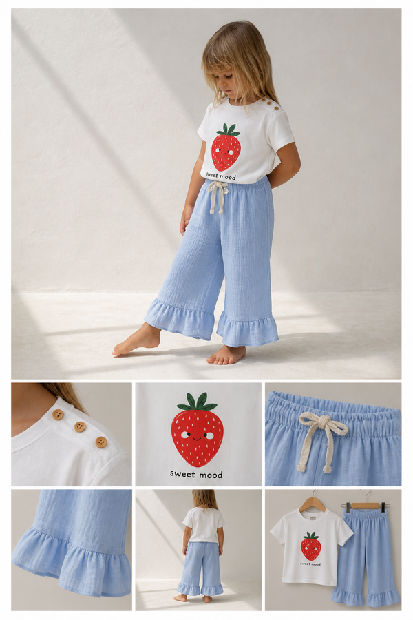 Bebek T-shirt | 6 Ay – 3 Yaş | Ekru | Çilek Baskı | %100 Pamuk Yazlık | RG387
