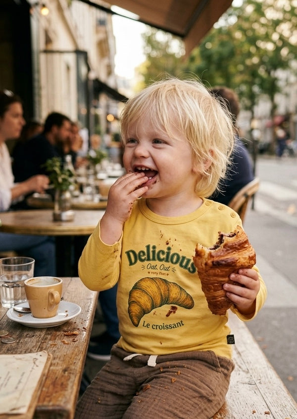 Bebek Uzun Kollu T-shirt | Kruvasan Baskılı | 6 Ay–3 Yaş | Sarı & Yeşil | %100 Pamuk | RG392