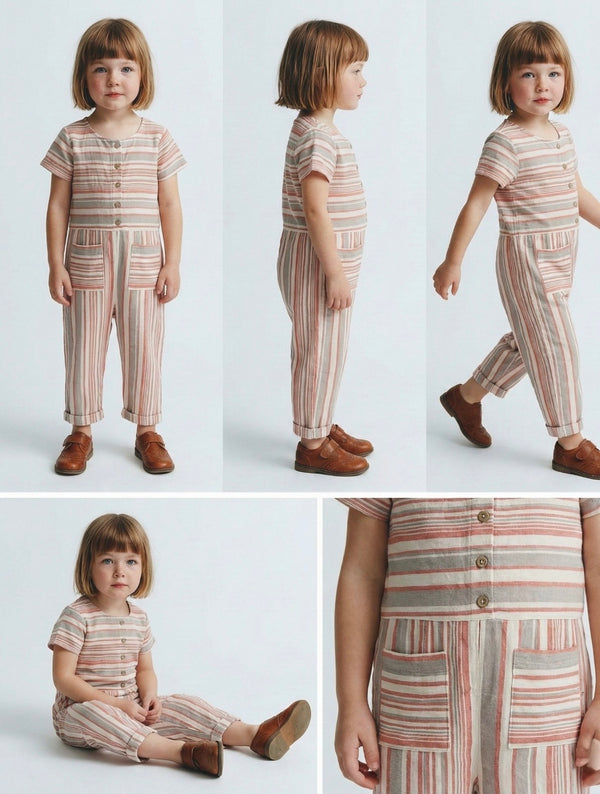 Kız Çocuk Çizgili Keten Karışımlı Tulum | 3–9 Yaş | Doğal ve Hafif | RG Brand | RG1299
