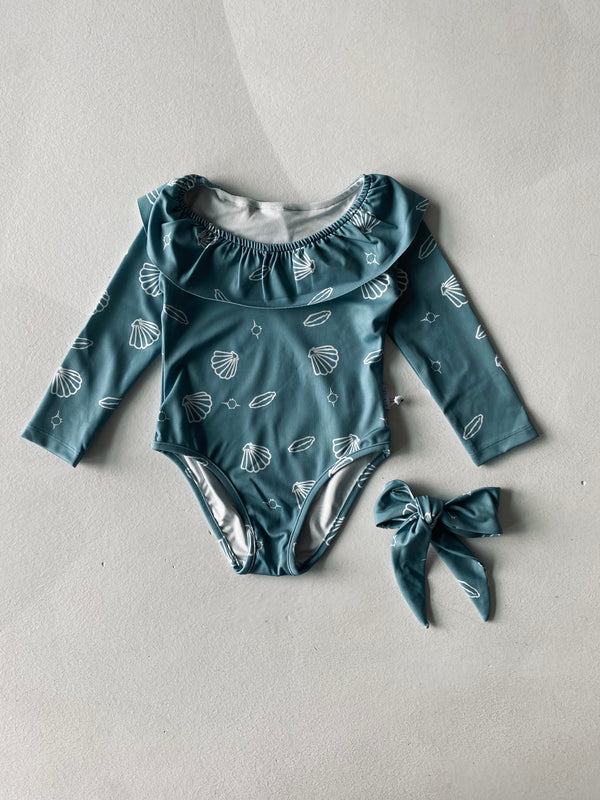 Kinder-Badeanzug mit Rüschenkragen, Langarm & Haarspange | 3–9 Jahre | RG Brand | RG1597