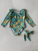 Çocuk Fırfırlı Yakalı Uzun Kollu Mayo Ve Saç Tokası | RG Brand| 3–9 Yaş | RG1597