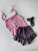 3er-Set für Mädchen aus Musselin-Oberteil, Bluse und gerippten Shorts