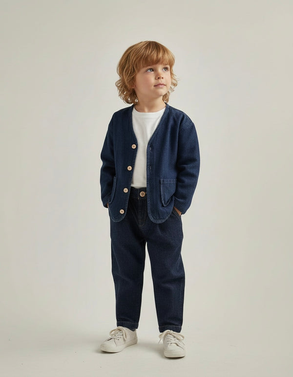 Çocuk kot ceket oversize kesimiyle 3–9 yaş kız ve erkek çocuklar için rahat kullanım sunar.