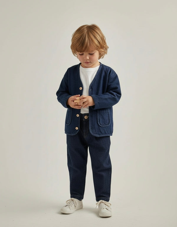 Çocuk kot ceket oversize kesimiyle 3–9 yaş kız ve erkek çocuklar için rahat kullanım sunar. Dayanıklı denim yapısıyla günlük kombinlere uyum sağlar.