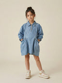 Çocuk Kot Elbise | Düğmeli Yaka, Uzun Kollu, Büzgü Detaylı | Günlük ve Şık Jean Elbise | RG1741