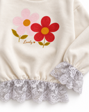 Kız Çocuk Sweatshirt | Papatya Baskılı Dantel Detaylı | 3–9 Yaş | Ekru, Pembe, Lacivert | RG1796