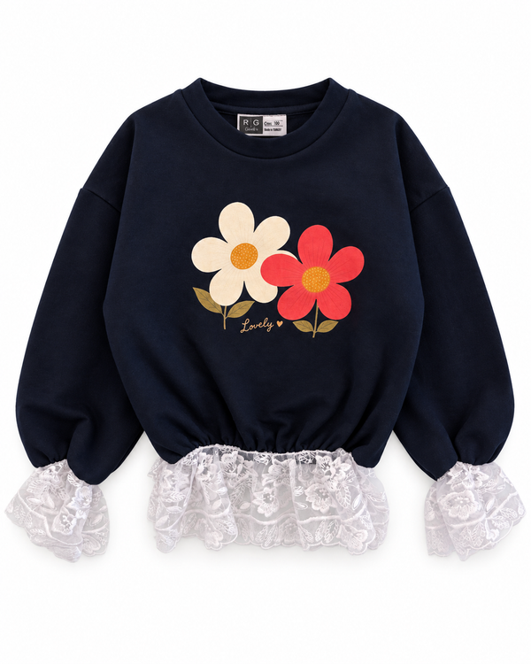RG1796 lacivert kız çocuk sweatshirt ön görünüm; papatya baskısı, bisiklet yaka, kol ve etek uçlarında beyaz dantel.