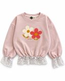 Kız Çocuk Sweatshirt | Papatya Baskılı Dantel Detaylı | 3–9 Yaş | Ekru, Pembe, Lacivert | RG1796