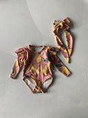 Bebek Yakası Fırfırlı Uzun Kollu Mayo ve Saç Tokası