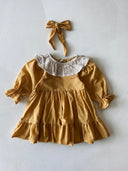 Kız Çocuk Fırfırlı Pamuk Elbise – Uzun Kollu + Saç Bandı Takım