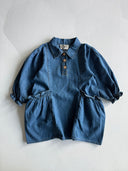 Çocuk Kot Elbise – Düğmeli Yaka, Uzun Kollu, Büzgü Detaylı