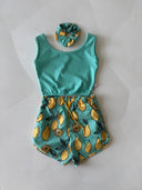 Kız Genç Limon Desenli 2'li Mayo Takımı + Saç Bandı | 9-15 Yaş | Hızlı Kuruyan