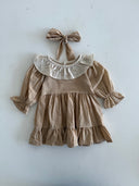 Kız Çocuk Fırfırlı Pamuk Elbise – Uzun Kollu + Saç Bandı Takım