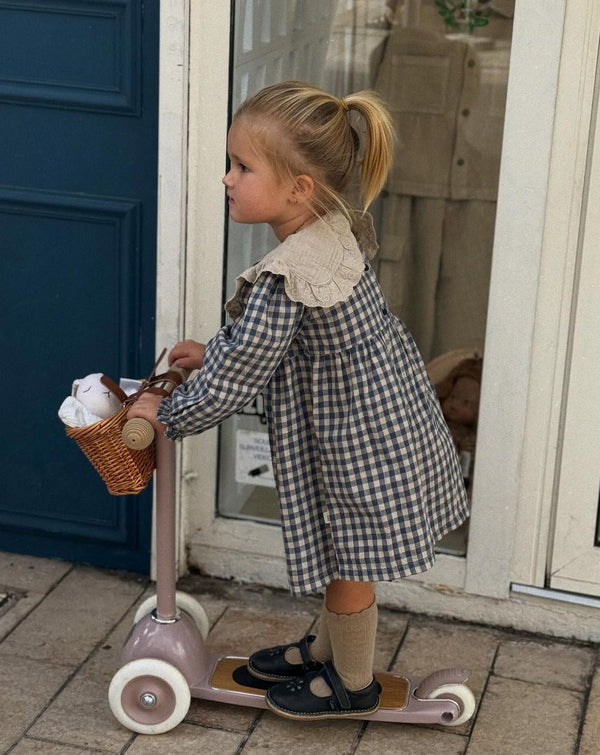 Kariertes Musselin-Kleid- und Haarband-Set für Baby-Mädchen – Langarm | RG271