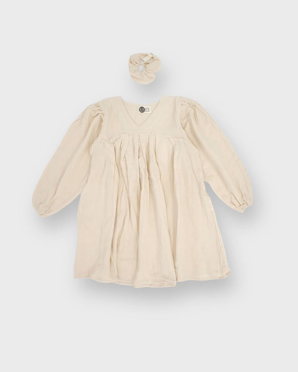 Genç Kız V Yakalı ve Büzgülü %100 Organik Müslin Kumaş Elbise ve Toka - RG brand