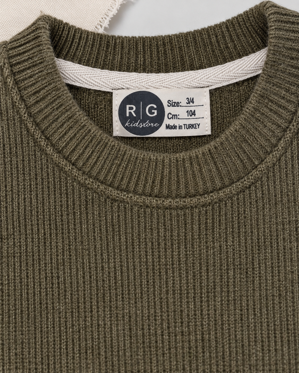 RG Brand RG1773 haki Selanik çocuk süveter, kumaş ve işçilik detayı.