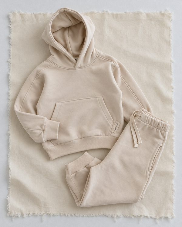 RG Brand RG1786 ekru çocuk kapüşonlu eşofman takımı, 3–9 yaş; üst ve pantolonun ayrı yerleşimi.