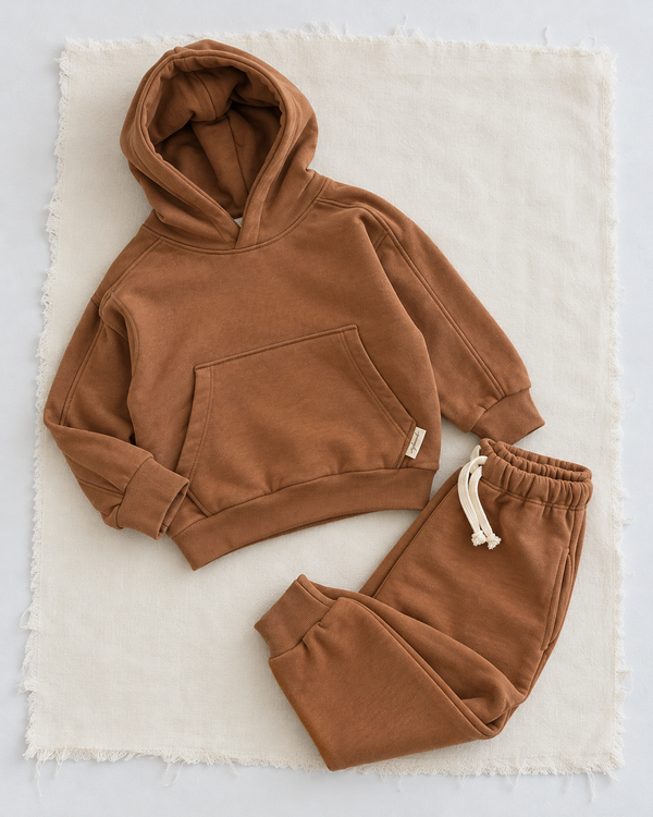 RG Brand RG1786 kahve çocuk kapüşonlu eşofman takımı, 3–9 yaş; üst ve pantolonun ayrı yerleşimi.