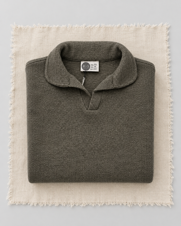 RG Brand RG3728 haki polo yaka Selanik kazak, katlı görünüm.