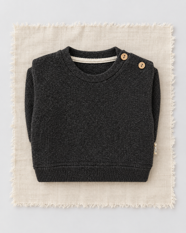 RG Brand RG395 füme omuzdan düğmeli Selanik bebek sweatshirt, katlı görünüm.