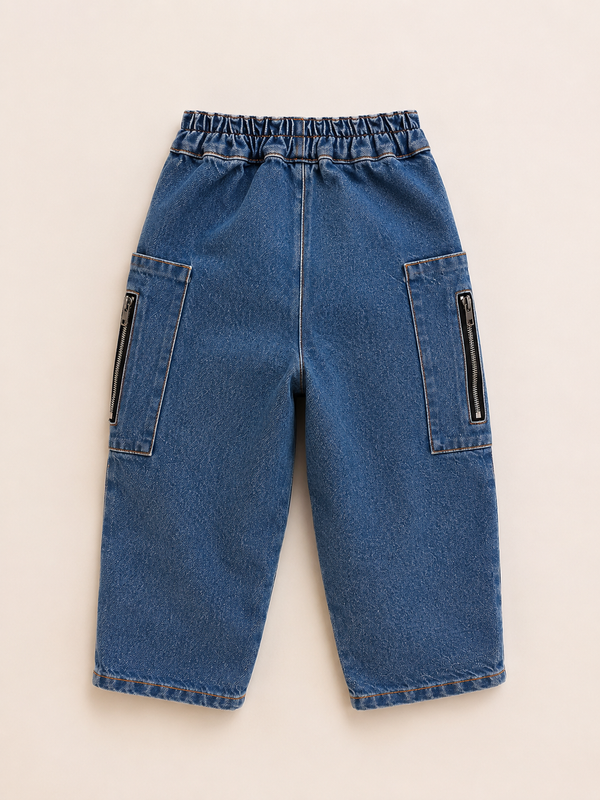 Mavi çocuk denim pantolon, elastik arka bel ve kargo ceplerle arkadan ürün görünümü | RG1775