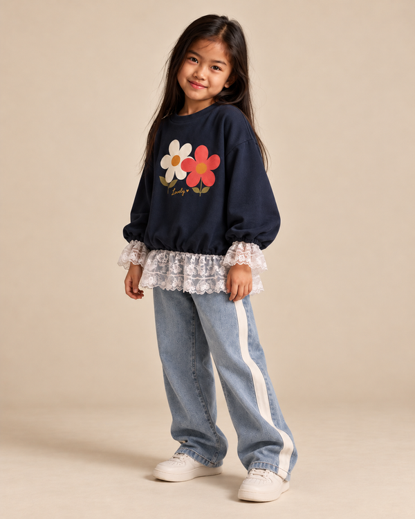 RG Brand RG1796 lacivert dantel detaylı kız çocuk tunik sweatshirt, model üzerinde üç çeyrek açıdan görünüm.
