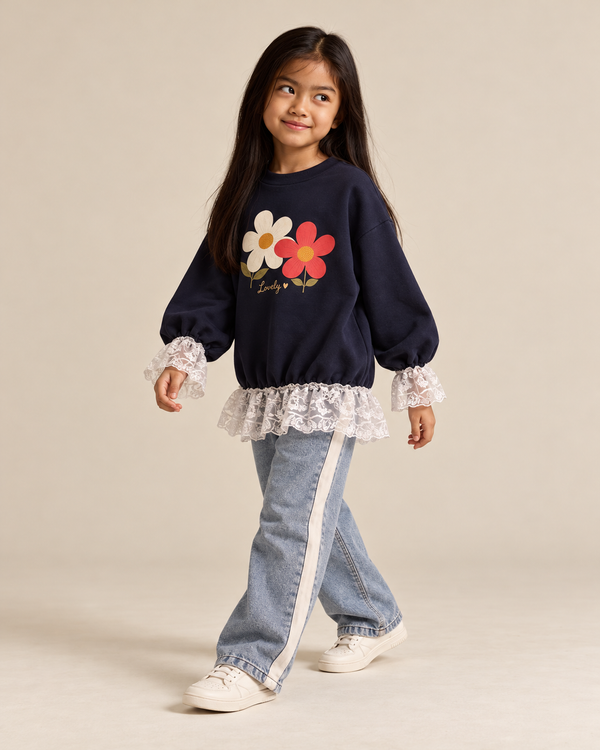 RG Brand RG1796 lacivert kız çocuk oversize tunik sweatshirt, model üzerinde yandan görünüm; büzgülü kol ve dantel etek ucu.