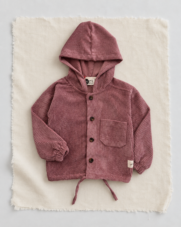 RG Brand RG1798 pink hooded button-up corduroy kids' jacket with chest pocket, front view.