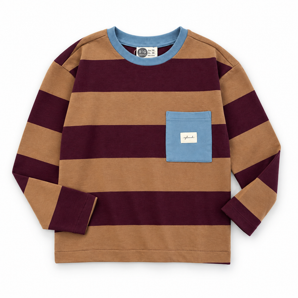 RG Brand RG3734 bordo ve kahverengi çizgili, mavi yakalı ve cepli 9–15 yaş çocuk sweatshirt ön görünümü.