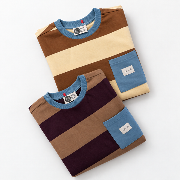 RG Brand RG3734 sarı-kahverengi ve bordo-kahverengi çizgili çocuk sweatshirtlerin katlı görünümü, mavi yaka ve cep detayları.
