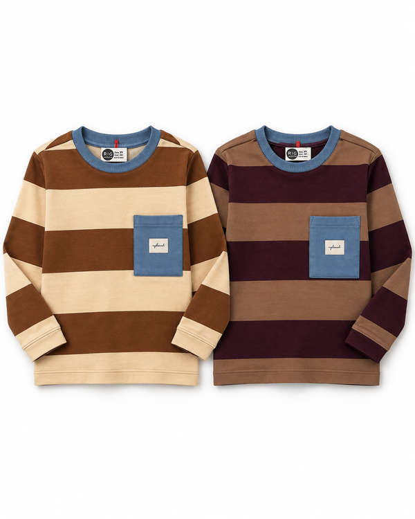 RG Brand RG3734 çizgili çocuk sweatshirt sarı-kahverengi ve bordo-kahverengi renk seçenekleri yan yana.