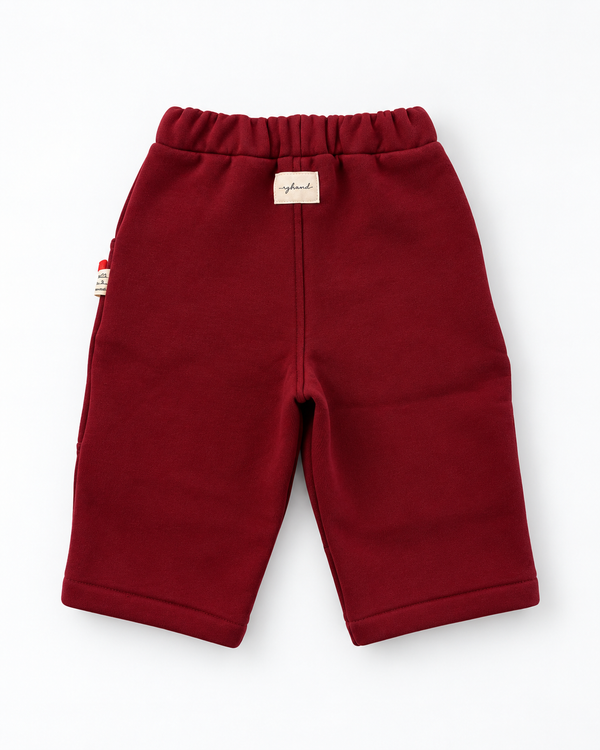 Bordo bebek eşofman pantolon, elastik bel ve RG Brand arka etiketle arkadan görünüm | RG404