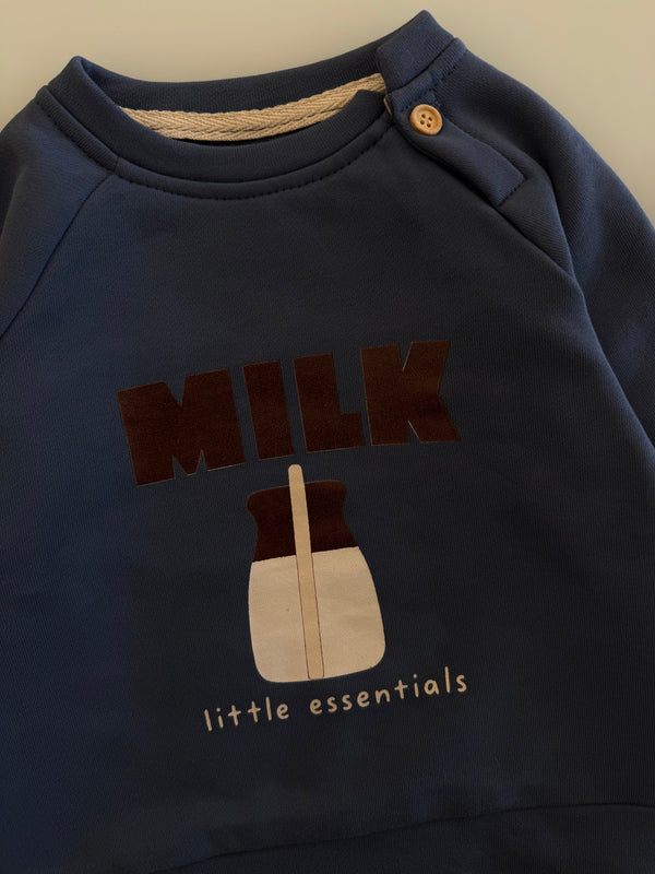 İndigo RG405 sweatshirtte Milk yazısı, süt şişesi figürü ve omuz düğmeleri yakın çekim