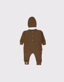 Yarım Düğmeli Doğal Waffle Bebek Tulumu ve Beresi - RG brand