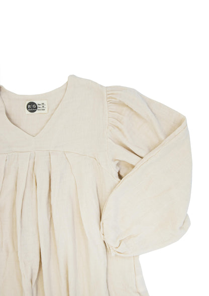 Kids 100% Organic Muslin Long Sleeve Pleated V-Neck Dress