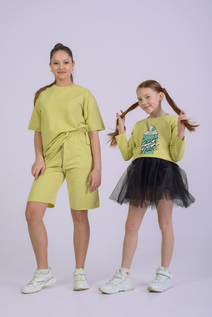 Çocuk Baskı Detaylı Kısa Üst-Kolsuz Tül Elbise Takım