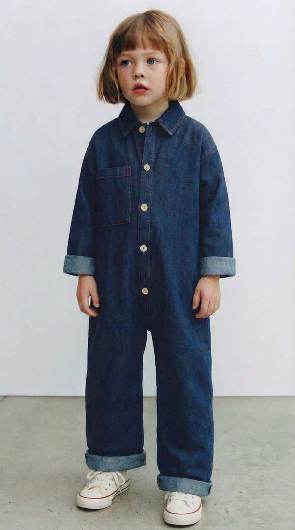 Girls' and Boys' Denim Jumpsuit | Ages 3–9 | Blue, Navy | Long-Sleeved with Pockets | RG Brand | RG1734