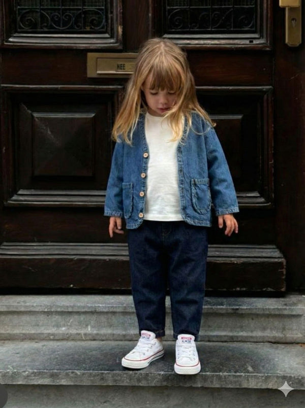 Çocuk kot ceket oversize kesimiyle 3–9 yaş kız ve erkek çocuklar için rahat kullanım sunar.