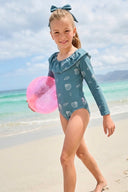 Детский купальник с длинными рукавами и воротником-рюшами, а также заколка для волос | Бренд RG | Для детей от 3 до 9 лет | RG1597