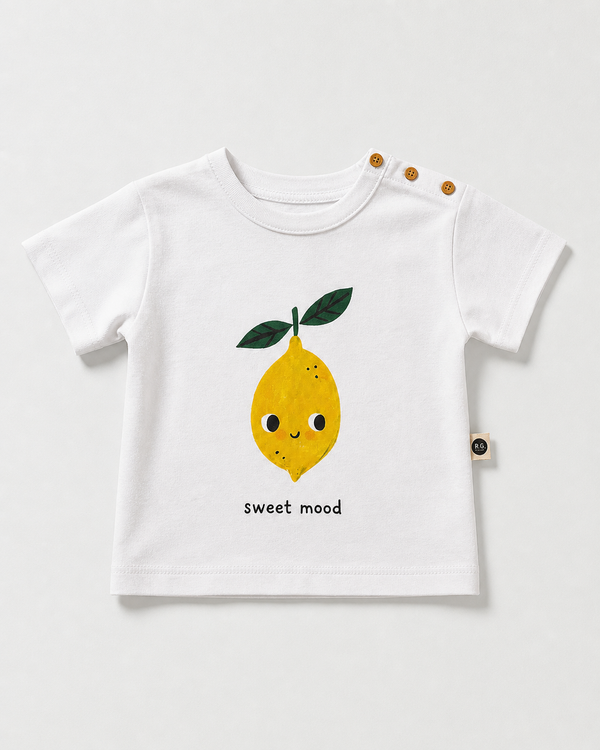 Bebek T-shirt | 6 Ay – 3 Yaş | Ekru & Mavi | Limon Baskı | %100 Pamuk Yazlık | RG386
