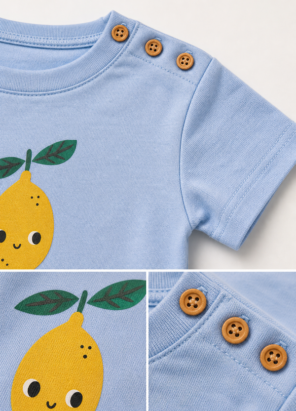 Bebek T-shirt | 6 Ay – 3 Yaş | Ekru & Mavi | Limon Baskı | %100 Pamuk Yazlık | RG386