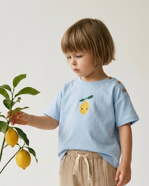 Bebek T-shirt | 6 Ay – 3 Yaş | Ekru & Mavi | Limon Baskı | %100 Pamuk Yazlık | RG386