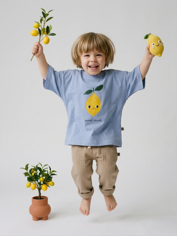 Bebek T-shirt | 6 Ay – 3 Yaş | Ekru & Mavi | Limon Baskı | %100 Pamuk Yazlık | RG386