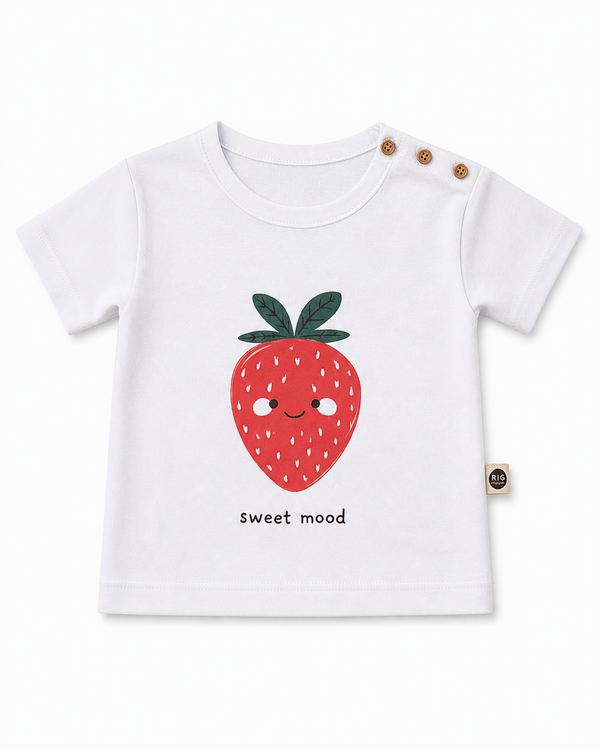 Bebek T-shirt | 6 Ay – 3 Yaş | Ekru | Çilek Baskı | %100 Pamuk Yazlık | RG387